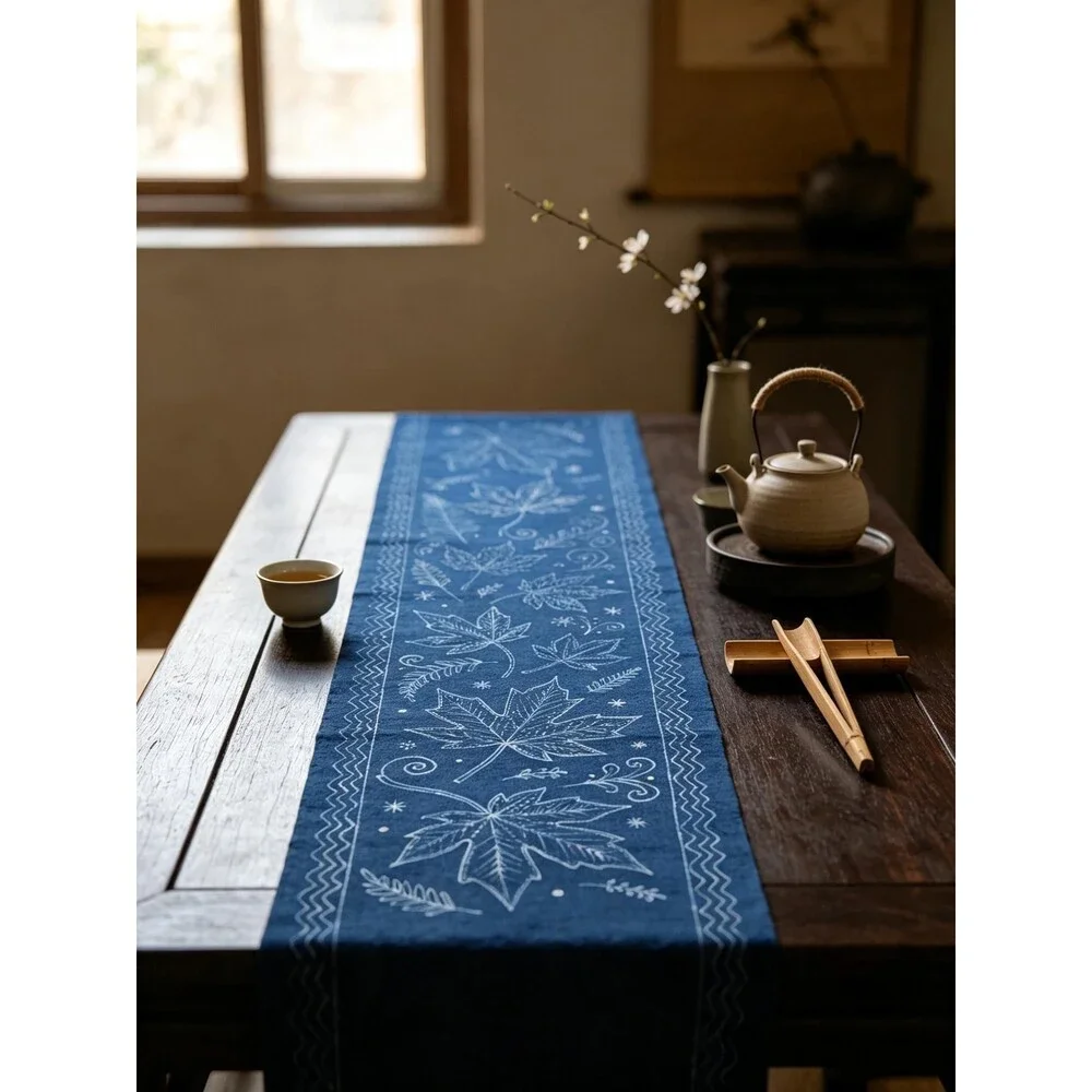 Handmade Indigo Batik Maple Leaf Table Runner, Natural Indigo Cotton Tea Mat